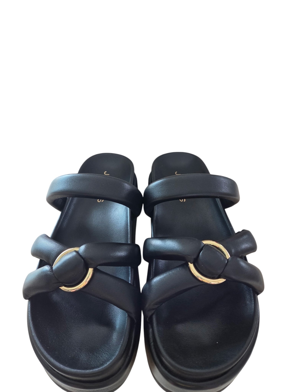 J Slides NY Women’s Black Platform Leathee Slide Sandals w Gold Accent SZ 7 NWB - Picture 2 of 4